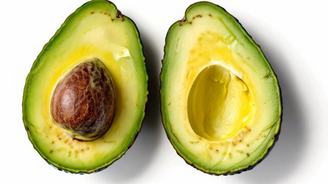 A ripe avocado is cut in half and laid on a white surface