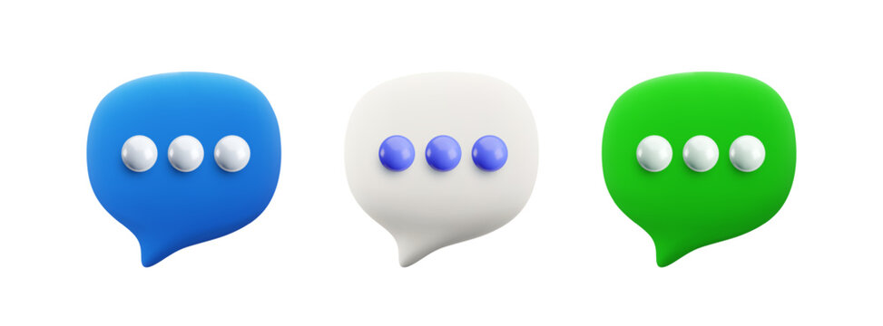 Vector cartoon minimal 3d speech bubble set. Realistic render of chat messaging color icons, typing in a chat concept, text comment in social media, dialogue talking balloon with dots, online support.
