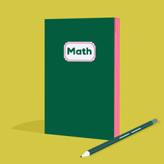 Simple Design Math Notebook with Pencil Graphic : A green notebook is standing upright on the surface