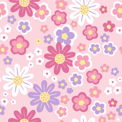 Summer seamless pattern, y2k. Vector hand drawn stylized flowers on pink background