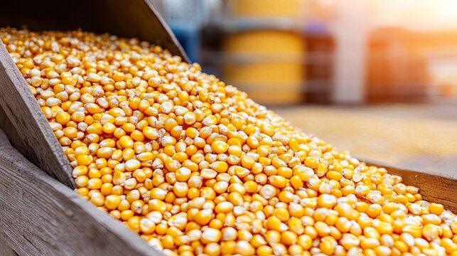 Close-up of yellow corn kernels in a grain storage facility.