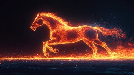 Fiery horse running through darkness with glowing particles