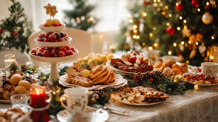 A festive dining table decorated with an array of desserts, fruits, and holiday decorations during a cozy winter celebration