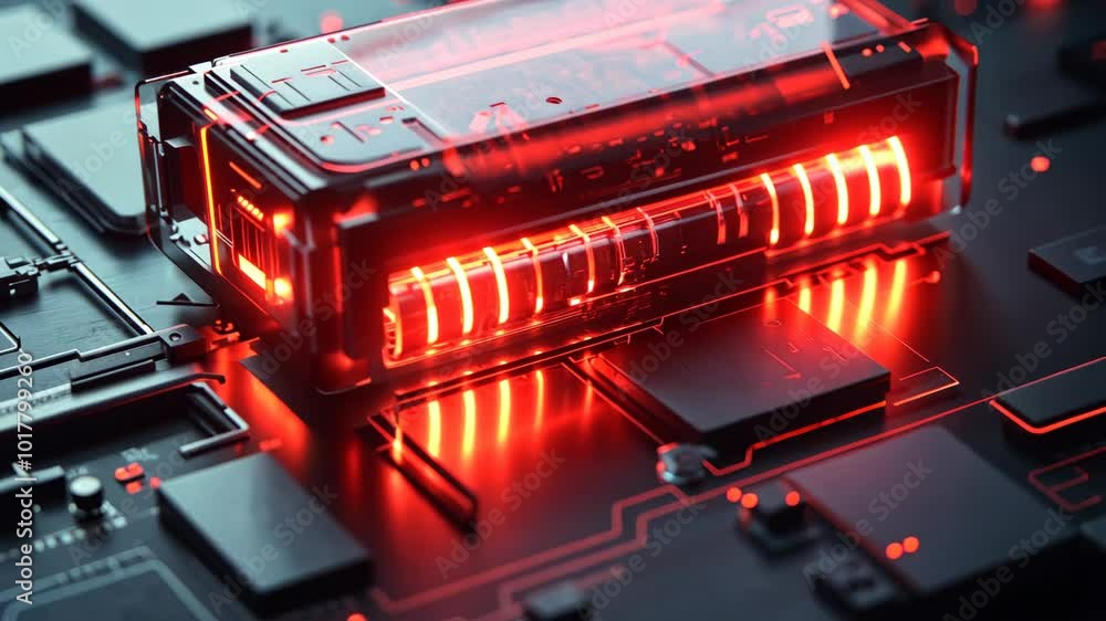 Poster a glowing red component sits on a circuit board, illuminating the surrounding electronics