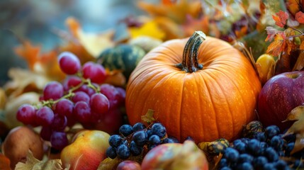 A bright orange pumpkin beside autumn fruits and vegetables