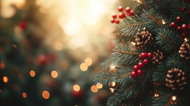Closeup of branch of the traditional christmass tree decorated with natural cones and red christmass holly. Blurry lights with bokeh effect on the bacground. Large copy space on the left. 
