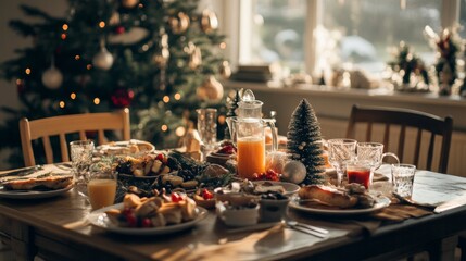 Naklejka premium A beautifully set Christmas breakfast table featuring festive dishes and drinks, surrounded by a decorated tree and winter sunlight
