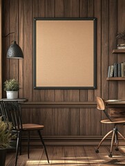 A cozy workspace featuring a corkboard, wooden accents, and stylish furniture.