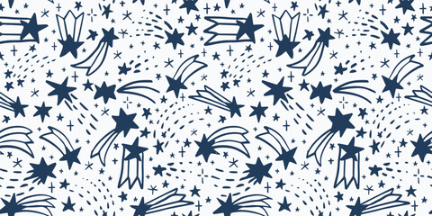 Seamless pattern with Cute doodle  shooting stars.  Hand drawn vector illustration. Naive childish design. Funny Christmas galaxy background, wrapping paper.