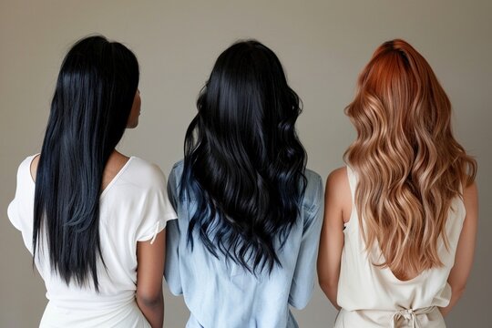 Drei Frauen mit verschiedenen Frisuren und Haarfarben von hinten fotografiert 