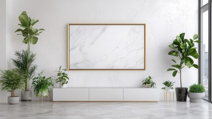 A large golden frame rests on a pristine white marble surface with subtle grey veins, embodying the essence of elegant minimalism. 