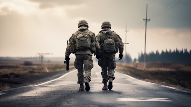 Two soldiers walk down a deserted road, supporting each other with strong camaraderie, under a moody, overcast sky, symbolizing resilience and unity.