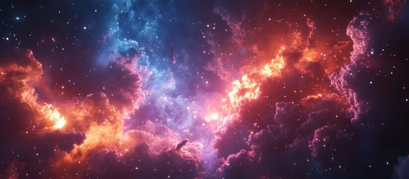 A mesmerizing view of the cosmos, with swirling clouds of gas and dust, stars, and a nebula in vibrant reds, blues, and purples.