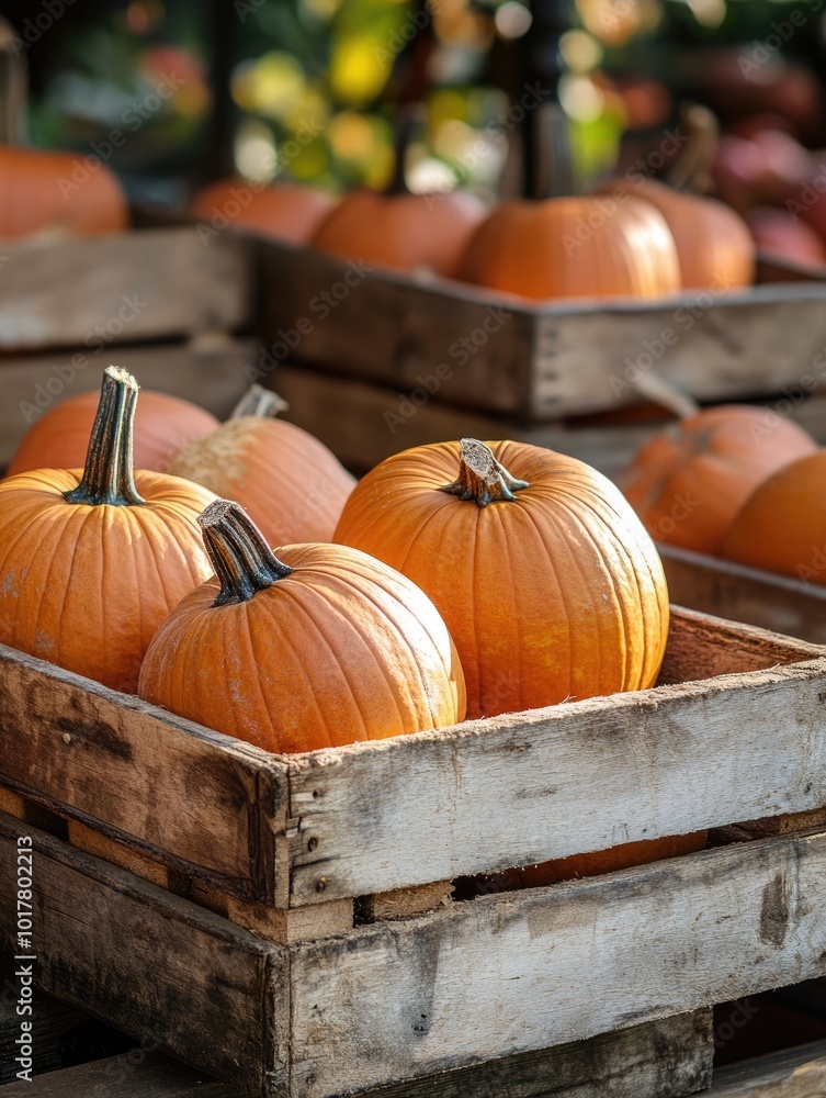 Wall mural Pumpkins in Wooden Boxes Vertical Selective Focus