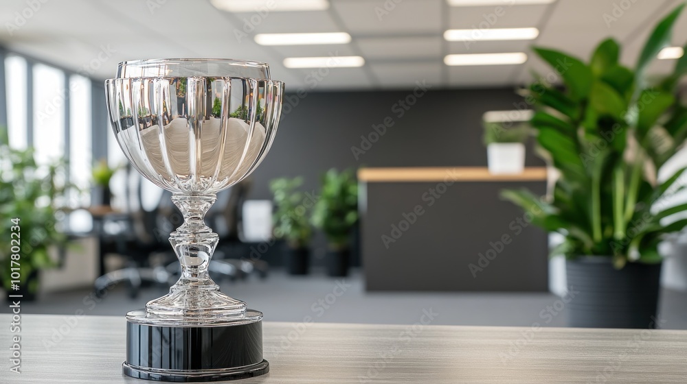 Sticker A trophy displayed in a modern office environment with plants and a reception area.