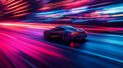 A car is driving down a road with a bright neon light in the background