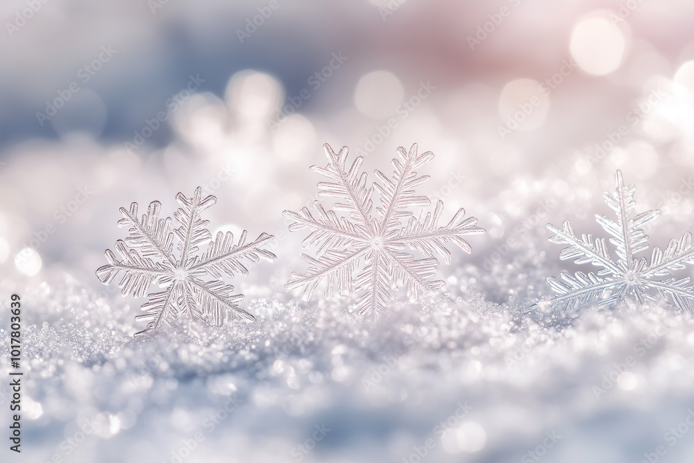 Poster soft focus bokeh effect with snowflakes in winter setting