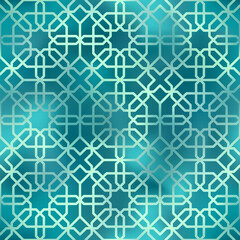 Fototapeta premium Green abstract geometric seamless pattern. Vector shiny gradient oriental ornament background. Arabic style traditional texture for backgrounds, wallpapers, decoration