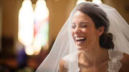 Naklejka premium A bride, with a radiant smile, stands joyfully in a church, capturing the exuberance and heartfelt emotions of her big day.