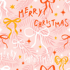 Seamless Christmas patterns with various bow knots, gift ribbons and stars. Trendy xmas design. Hand drawn vector illustration. Holiday background, wrapping paper.