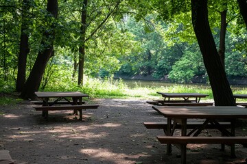 Fototapeta premium A shaded area with picnic tables set up for dining. Friends are enjoying cold drinks while discussing their plans for the summer, Generative AI