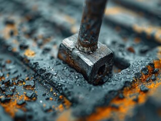 Close-up of a rusty bolt and screw on an aged, corroded metal surface, highlighting decay, oxidation, and the effects of time. Industrial background.