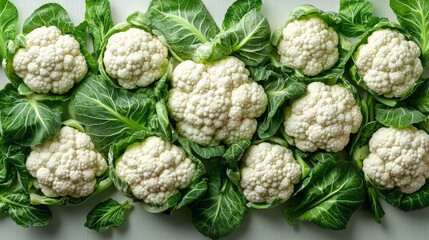 A bunch of cauliflower is surrounded by green leaves