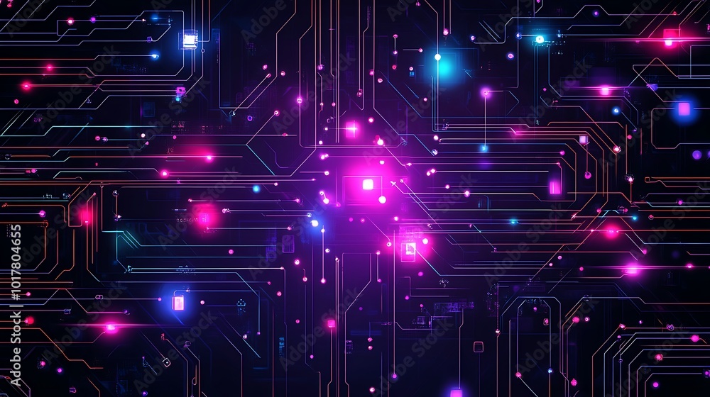 Poster abstract digital background with glowing neon lights and lines forming a circuit board pattern.