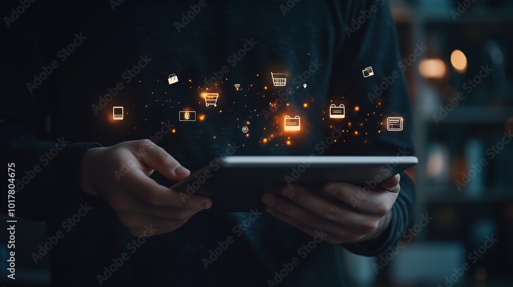Poster Digital Interface with Floating Icons and Tablet Device