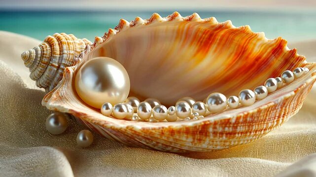 A large, white pearl sits inside a seashell, surrounded by smaller pearls