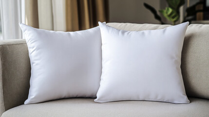 Two white pillows are on a couch