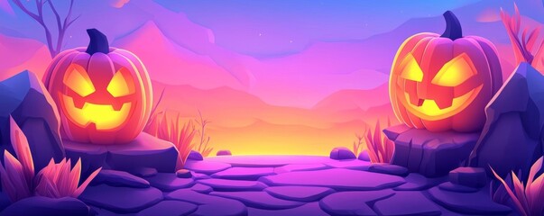 Pastel trick-or-treat path with glowing pumpkins, flat illustration