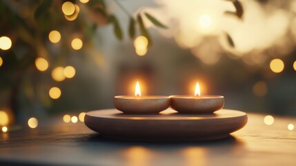 Two illuminated candles on a wooden tray against a backdrop of twinkling lights at sunset.