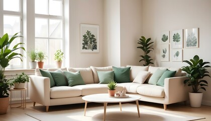 Fototapeta premium Scandinavian living room mockup in a sunny spring setting, with pastel-colored accents, a light beige sofa, and a green indoor plant on the windowsill. 