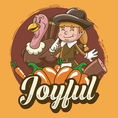 Thanksgiving Day Turkey, Pumpkin, Autumn Leaves and Girl Pilgrim in Vintage Retro Cartoon Mascot Illustration for sticker, badge, patch, banner, greeting card, invitation