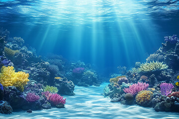 Naklejka premium Vibrant Coral Reef Underwater Scene with Sunlight Rays