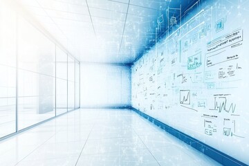 A futuristic, digital workspace with data visualizations on the walls.