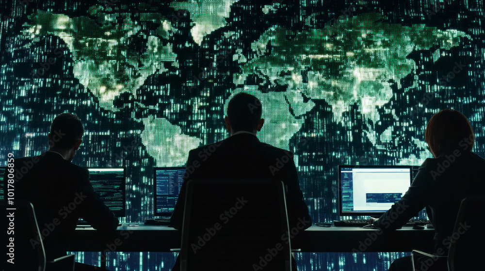 Aufkleber three men are sitting at a computer desk looking at a large screen with a map of