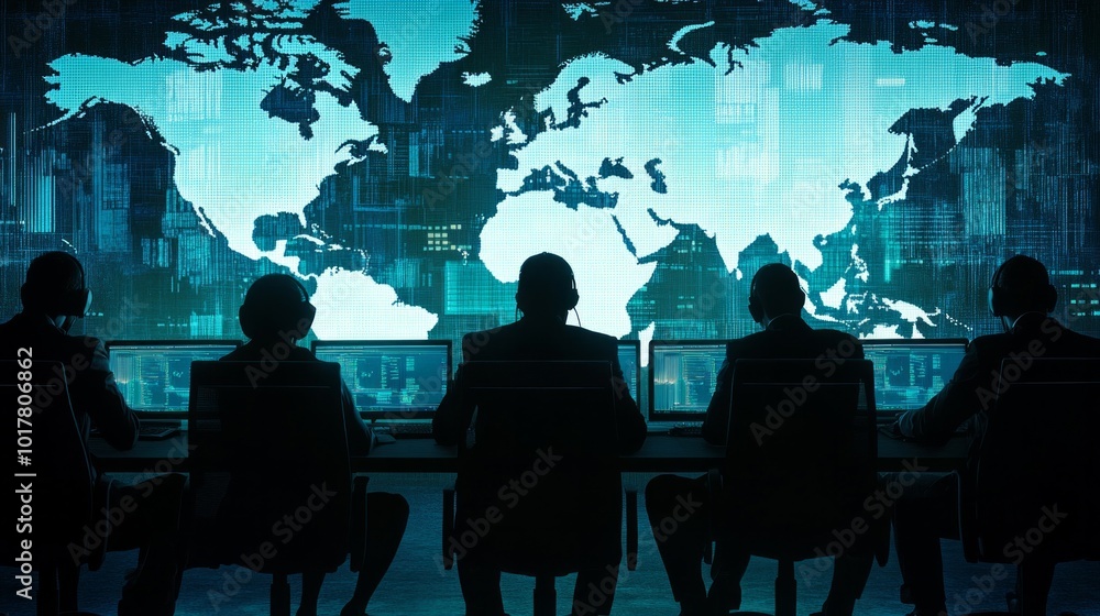 Poster a group of people are sitting at a table looking at a computer screen with a map