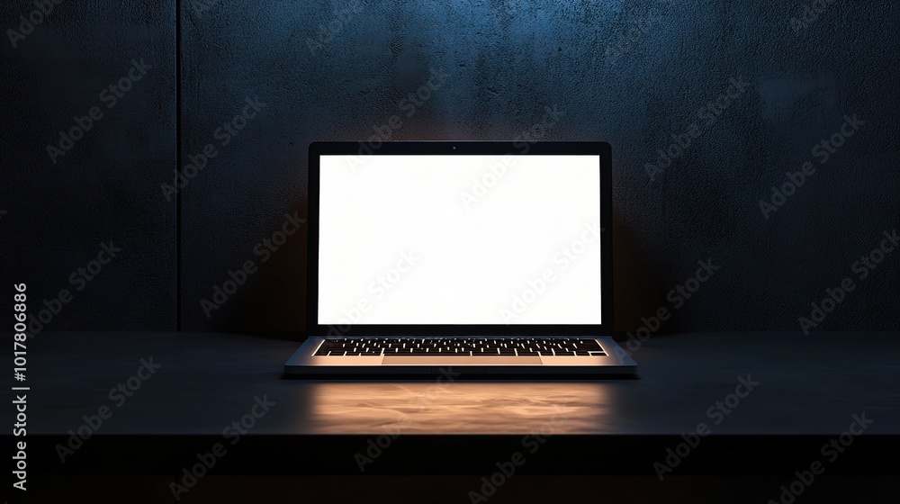 Poster modern laptop on dark table with empty screen