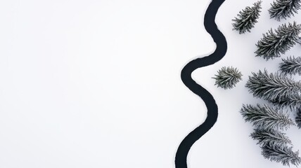 Fototapeta premium a serene frozen river meandering through a tranquil, snowy forest.