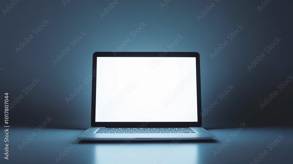 Poster empty laptop screen in dimly lit environment