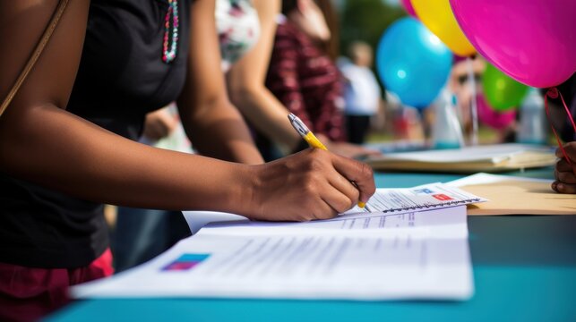 Amid a lively community event, a person signs a document on a teal table, surrounded by colorful balloons and engaged participants.