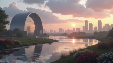 A futuristic building with a dome-shaped roof stands by a river at sunset, reflecting the city skyline.