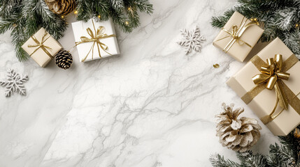 Świąteczne tło emanuje radością i magią Bożego Narodzenia, a prezenty starannie ułożone na białym marmurowym tle tworzą elegancką kompozycję.