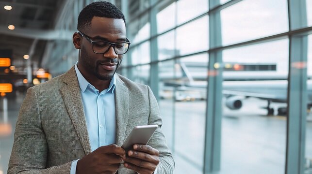 Businessman Using Smartphone at Airport Terminal