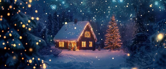 Fototapeta premium A cozy cabin in the woods adorned with Christmas lights surrounded by snow and pine trees during a serene winter night. Wide web banner.