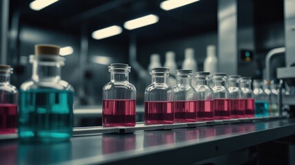 A row of glass bottles filled with colorful liquids move along a conveyor belt in a factory.