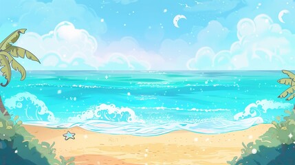 Fototapeta na wymiar A beautiful scene of the blue ocean against the blue sky background. The ocean stretches out as far as the eye can see, with its surface glistening in the sunlight