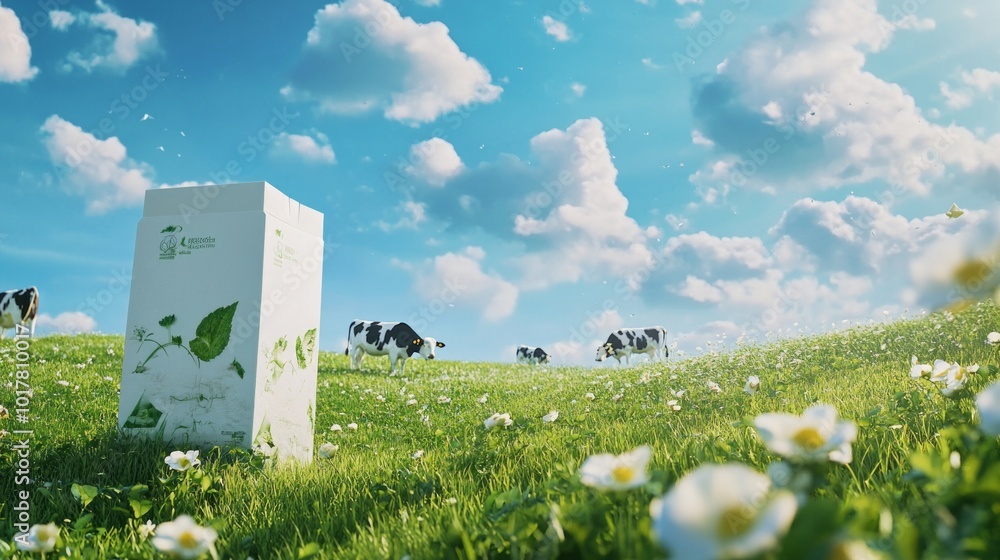Poster a white box with a cow on it is in a field with cows grazing